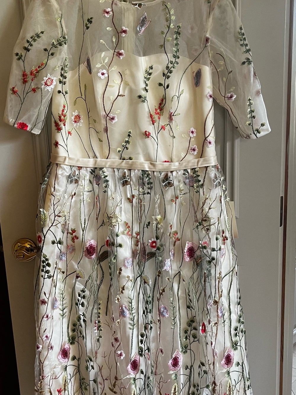 Ivory Floral Embroidered Wedding Dress with Sheer Overlay